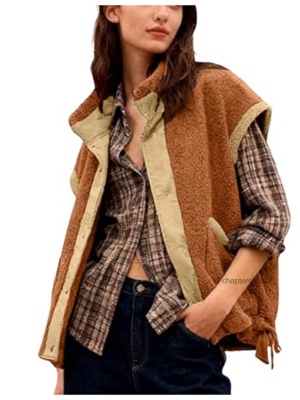 Sherpa Fleece Vest Fuzzy Mock Neck Button Down Sleeveless Winter Warm Layer